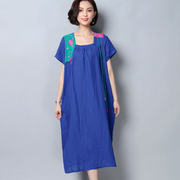 方领上衣中式女装刺绣花短袖，夏蓝色(夏蓝色，)宽松棉麻连衣裙大码2023年