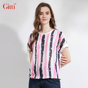 Gitti/吉蒂条纹波点印花短袖上衣女圆领宽松大码T恤G231316