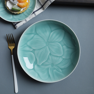 龙泉青瓷菜盘子高级感家用碟子圆形创意骨碟百合餐具新中式陶瓷盘