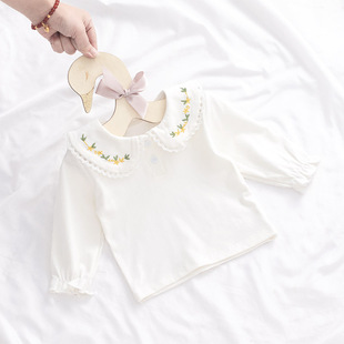 女童打底衫纯棉新生婴儿t恤长袖宝宝衬衣公主，白色绣花翻领娃娃衫