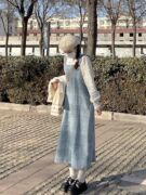 秋冬连衣裙湖蓝绿毛呢格子口袋长款背带裙秋装搭配一整套韩版