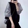 韩国大东门2023春夏季格子拼接圆领简约宽松蝙蝠型短袖T恤女