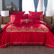 奢华喜被新中式婚庆十件套大红丝棉，中国风花卉贡缎刺绣床上用品
