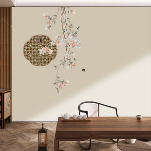 新中式淡雅古筝客厅国风，背景墙布茶室卧室，玉兰花鸟壁画餐厅墙壁纸