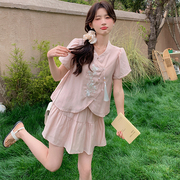 粉色新中式国风刺绣短袖上衣+半身短裙套装夏季小个子显瘦两件套