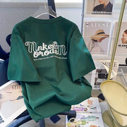夏季短袖墨绿色t恤女2023夏韩版宽松中长款字母设计感上衣