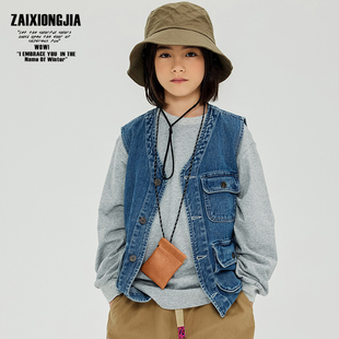zaixongjia帅气工装风牛仔口袋，马甲无袖上衣，男女童装宽松单排扣