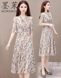 墨茉2020夏季连衣裙短袖雪纺蕾丝，系带半印花中年韩版宽松大码