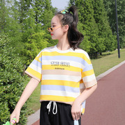 初中生夏季短袖T恤条纹圆领宽松半袖女大童高中学生上衣少女