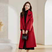 红色羊毛双面呢大衣女中长款2023秋冬季设计感赫本风毛呢外套