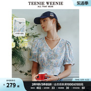 TeenieWeenie小熊夏季甜美淑女森系碎花V领短袖衬衫女