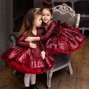 圣诞节女童长袖公主裙蓬蓬，纱儿童礼服公主，裙洋气走秀礼服红色亮片