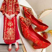 中式秀禾鞋婚鞋女新娘孕妇婚纱，两穿平底粗跟结婚鞋子新娘鞋不累脚