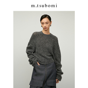 子苞米宽松廓形短款针织套头衫，23冬灰色镂空小众，设计感毛衣女