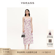 vgrass时髦紫色印花收腰吊带，连衣裙24年春季几何，花卉设计感