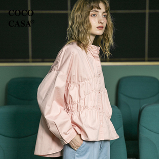 cococasa设计感新纯棉白遮肚子上衣，粉色娃娃款，衬衫女2023春秋宽松