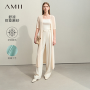 Amii2024夏极简纯色短袖24支仿亚麻纱微弹长款针织开衫女款