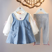 童装女童秋季长袖三件套1-2-3女宝宝秋款套装婴儿秋装牛仔裙衣服