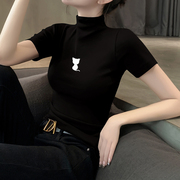 短袖t恤女2024黑色半高领，打底衫薄款内搭设计感少女短款上衣