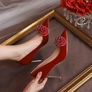 花朵秀禾结婚鞋子女中式新娘，鞋2023年夏季小众红色婚礼高跟鞋