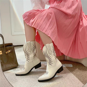 中筒靴女靴真皮2023复古刺绣，马丁靴粗跟骑士高筒西部瘦瘦靴潮
