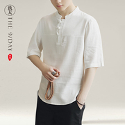 中国风男装亚麻短袖T恤夏季男士中式复古盘扣上衣棉麻宽松体恤