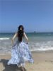 蓝色抹胸吊带连衣裙女夏法式高级感气质荷叶边海边度假沙滩长裙子