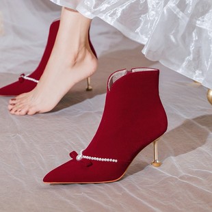 婚鞋新娘鞋冬天冬季短靴2023年秀禾服鞋红色高跟靴子加绒婚靴