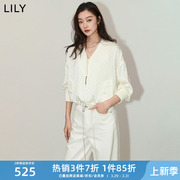 LILY2024夏女装复古老花机车风雅痞设计感抽绳白色宽松短外套
