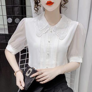 雪纺衫女短袖2024夏季韩版宽松洋气小衫白色，蕾丝娃娃领上