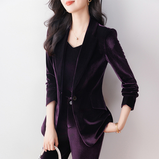 紫色金丝绒西装外套女冬季2023高端女人味职业，气质小西服套装