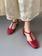 sixwoo红色中空凉鞋平底尖头新中式女鞋，夏季羊皮小众低跟鞋