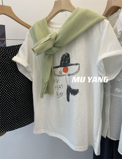 muyang搞怪tee~橘色小人头帽子，短袖t恤女韩版宽松休闲打底上衣