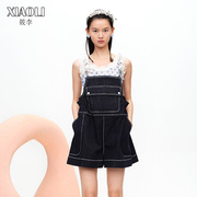 设计师品牌XIAOLI筱李牛仔蓝背带裤女短款宽松立体设计感