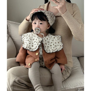 ins韩版春季婴儿洋气碎花，大翻领长袖，连体哈衣针织开衫爬服套装