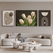客厅装饰画郁金香花卉壁画，现代简约沙发背景墙三联画艺术肌理挂画