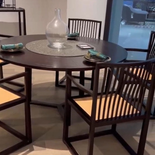 新中式乌金木餐厅实木餐桌椅组合别墅，古典禅意圆形饭桌家具可定制