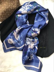 西班牙MD 女士scarf 蓝色植物花卉真丝丝巾 加宽披肩轻奢蚕丝围巾