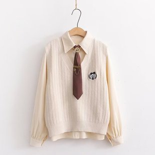 春季针织背心女学院风马甲毛衣，坎肩衬衫搭配两件套学生韩版宽松潮