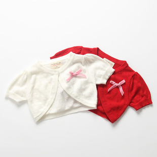 婴儿外套夏季薄款针织，开衫宝宝短袖坎肩女童，小披肩红色洋气外搭