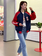 外套女春秋装美式撞色棒球服设计感小众拼接短款红色运动夹克