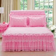 韩式床裙三件套加棉床罩床头罩加厚夹棉公主风蕾丝花边粉色床单春