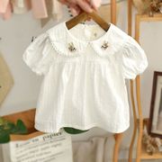 女童衬衣纯棉夏装宝宝，衬衫娃娃领短袖，打底衫洋气婴儿t恤