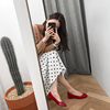 红色单鞋女2024春韩版漆皮，浅口平底圆头，中跟粗跟蝴蝶结小红鞋