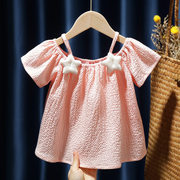 2024年夏季女童装露肩吊带女宝宝，雪纺短袖t恤婴幼童洋气衬衫上衣