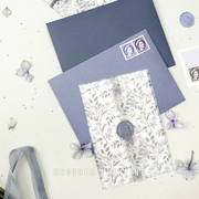 原创小清新唯美浪漫文艺绣球内衬纯色，蓝紫色系婚礼信封硫酸纸腰封