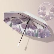 美杜油画紫色郁金香3折自动太阳伞钛银涂层防晒晴雨两用伞女折叠