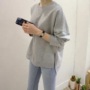 k932韩国女装2024毛圈简约前短后长纯色纯棉套头长袖女卫衣