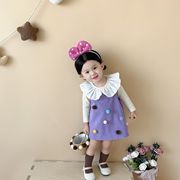 女童秋季背带裙套装婴幼儿娃娃领打底衫可爱毛球背心裙两件套