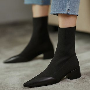 弹力靴女2023秋冬气质，法式小踝靴高跟针织袜子，鞋尖头瘦瘦短靴